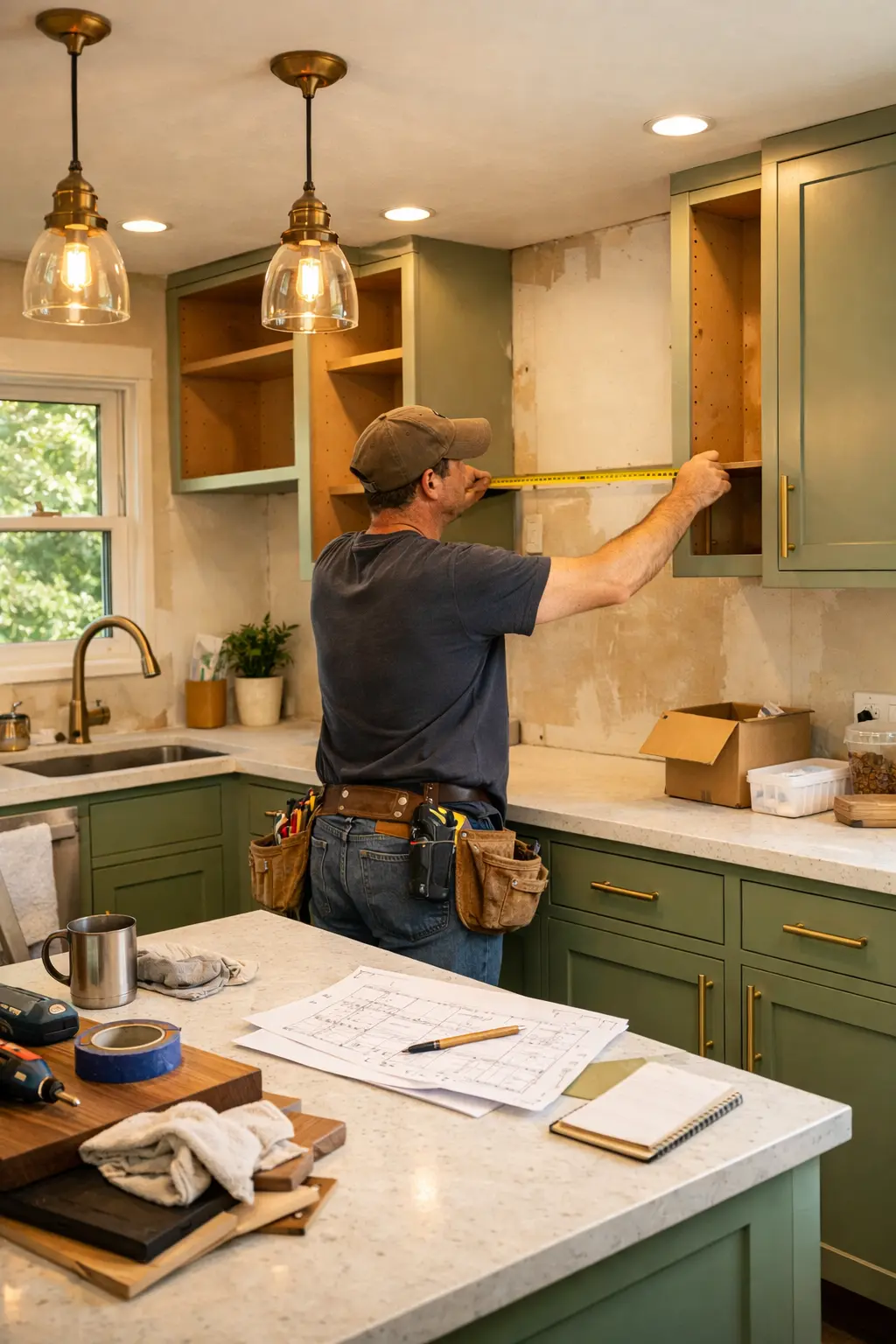 Contractor measuring upper kitchen cabinet during remodel with green cabinets and quartz countertops