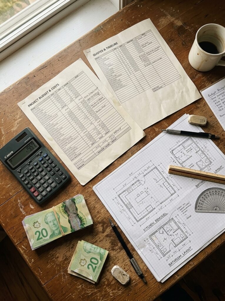 Top-down view of renovation workspace with project budget sheets, floor plan blueprints, calculator, Canadian  bills.