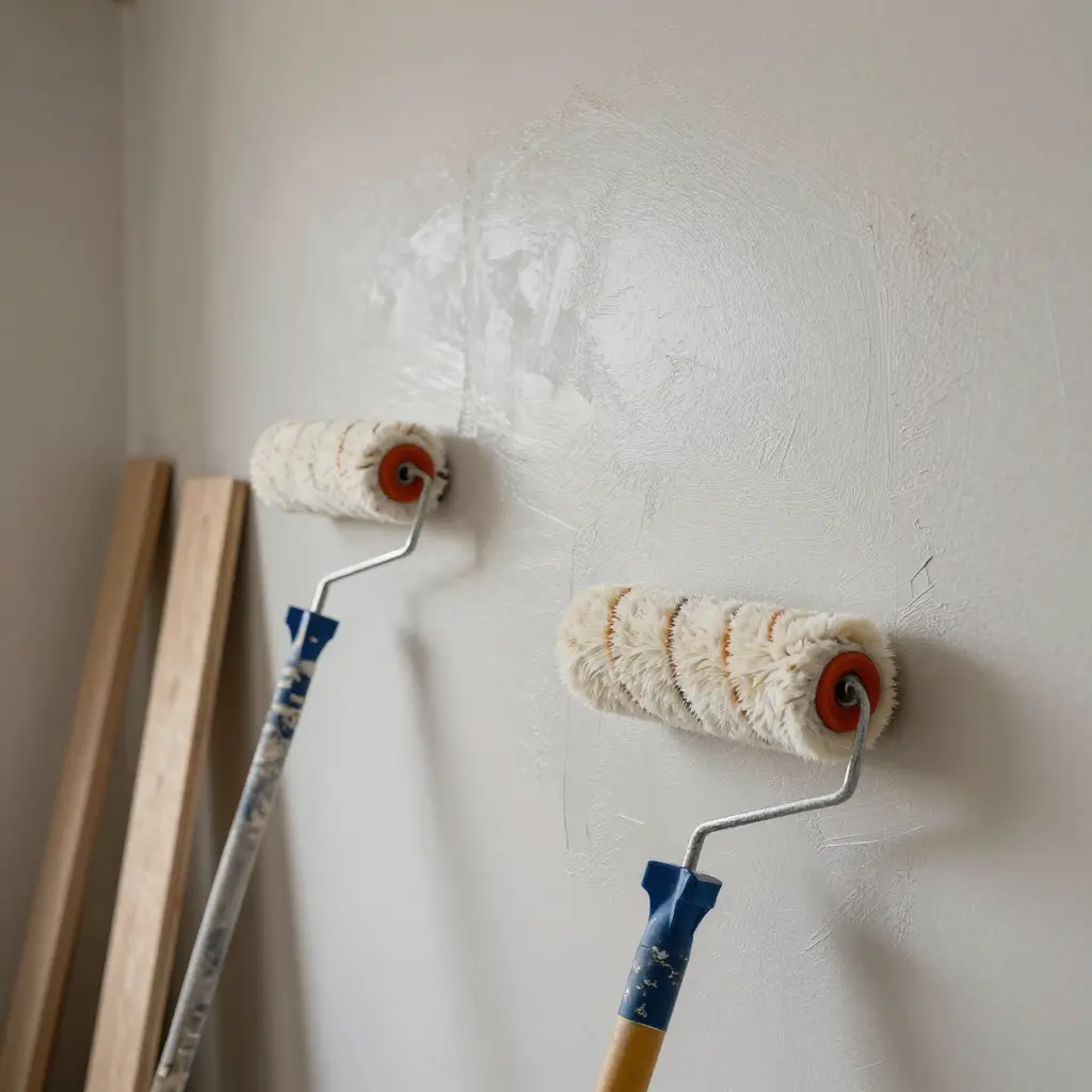 Two paint rollers leaning against a freshly primed white interior wall, DIY painting tools with textured finish