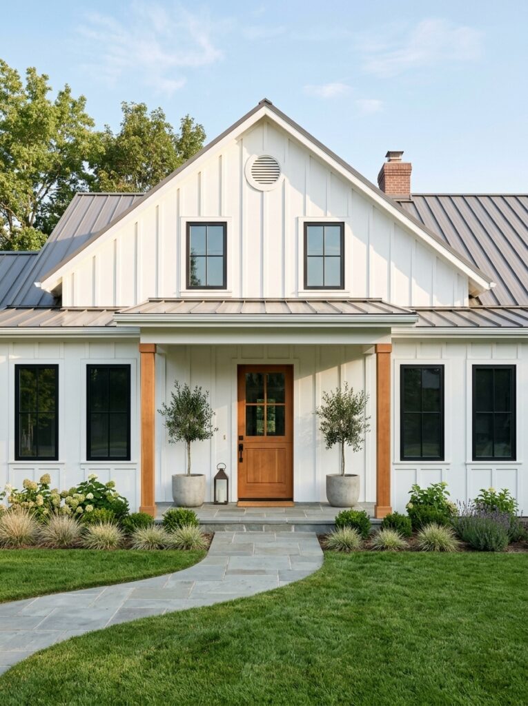 Modern farmhouse exterior - white board-and-batten siding, wood front door, metal roof, stone walkway, landscaped yard