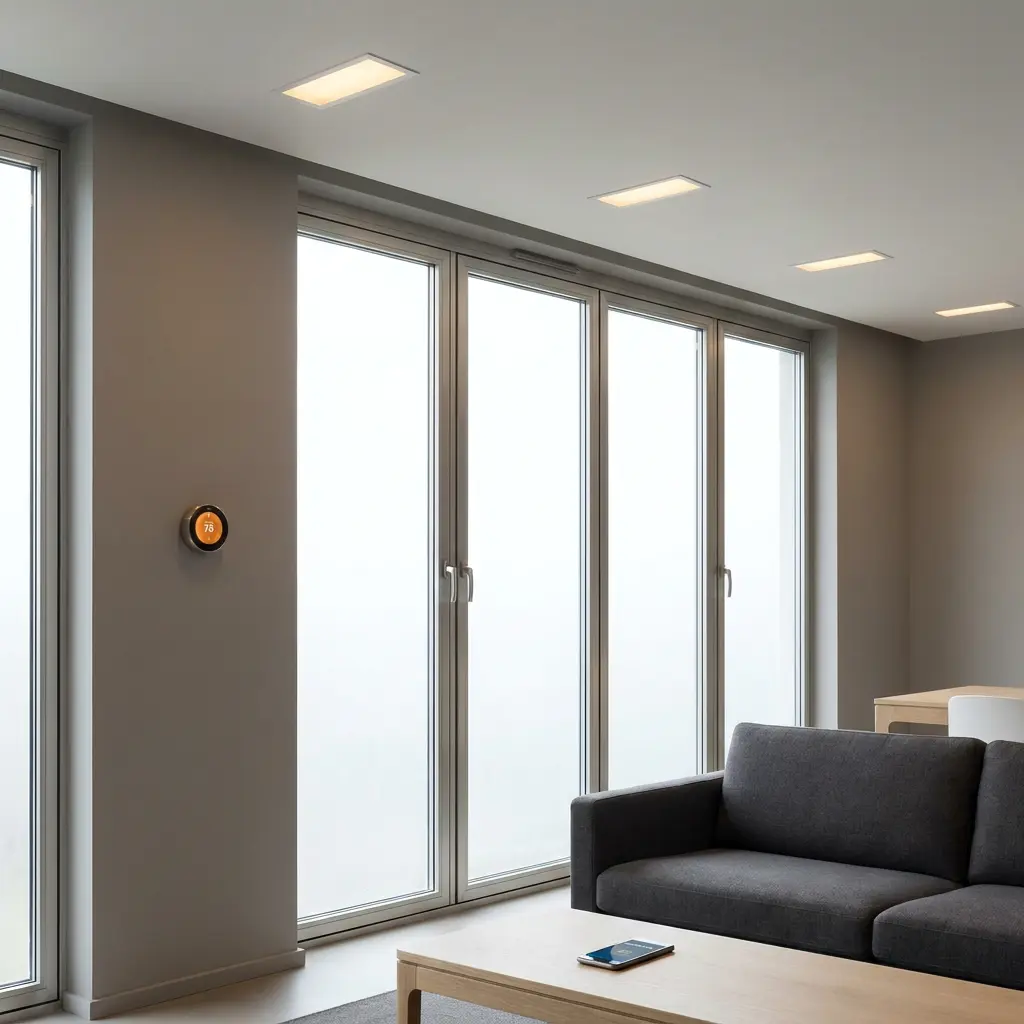 Modern living room with floor-to-ceiling windows, gray sofa, wood coffee table and wall-mounted smart thermostat