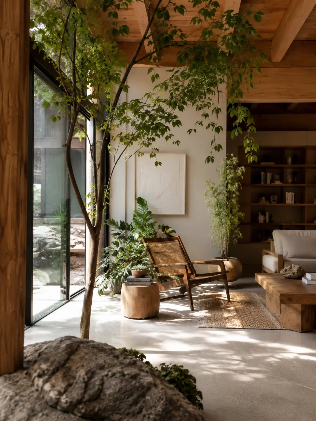 Sunlit minimalist living room with large glass doors, wooden beams, rattan chair and lush plants, biophilic design