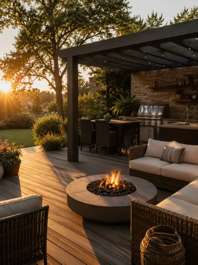 Cozy backyard patio at sunset with pergola, modern fire pit, wicker seating and built-in outdoor kitchen