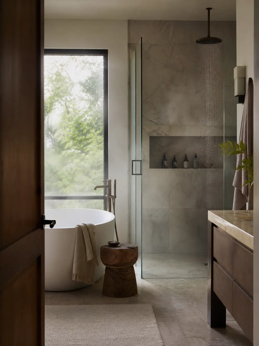 Modern spa-like bathroom with freestanding tub, rain shower, glass enclosure, wood vanity and large window