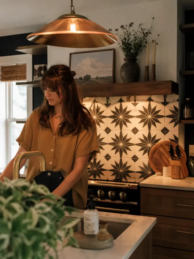 Woman at sink in modern farmhouse kitchen with copper pendant, star-pattern tile backsplash and wood accents.