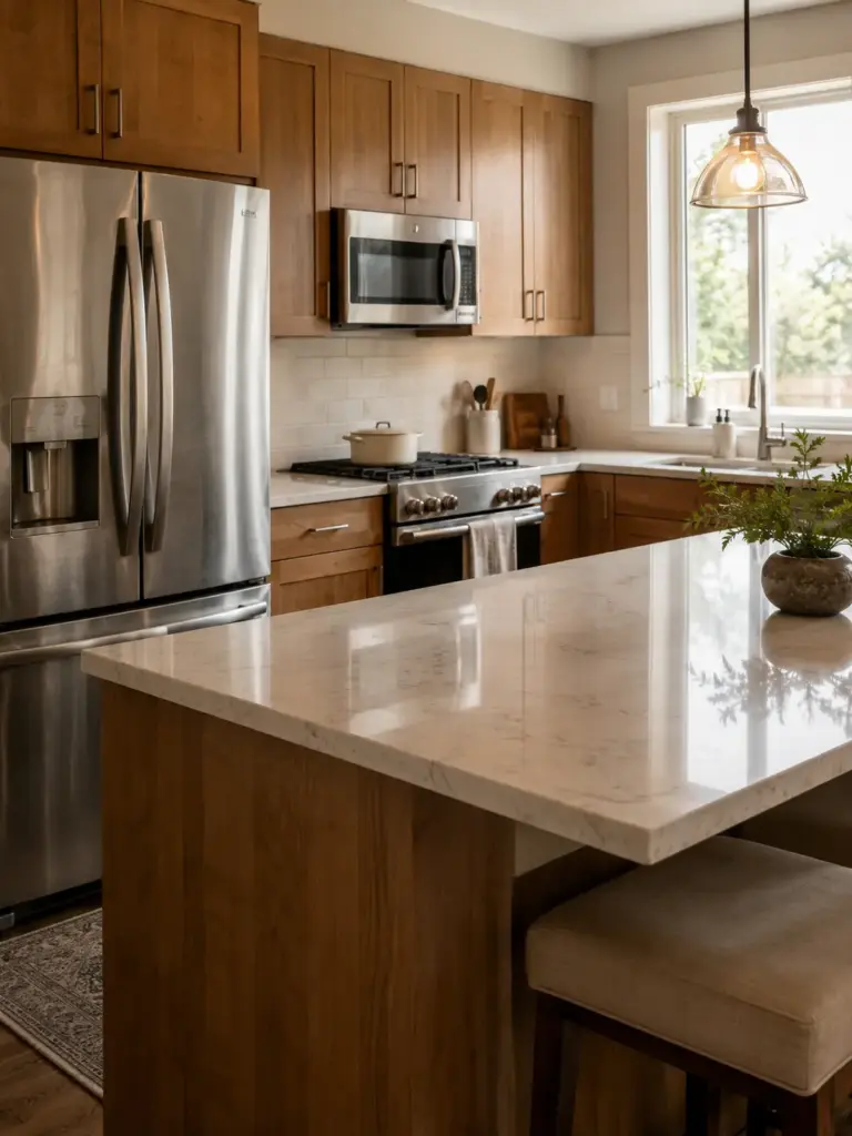 Modern kitchen design with marble island, stainless steel fridge and oven, warm wood cabinets, pendant light