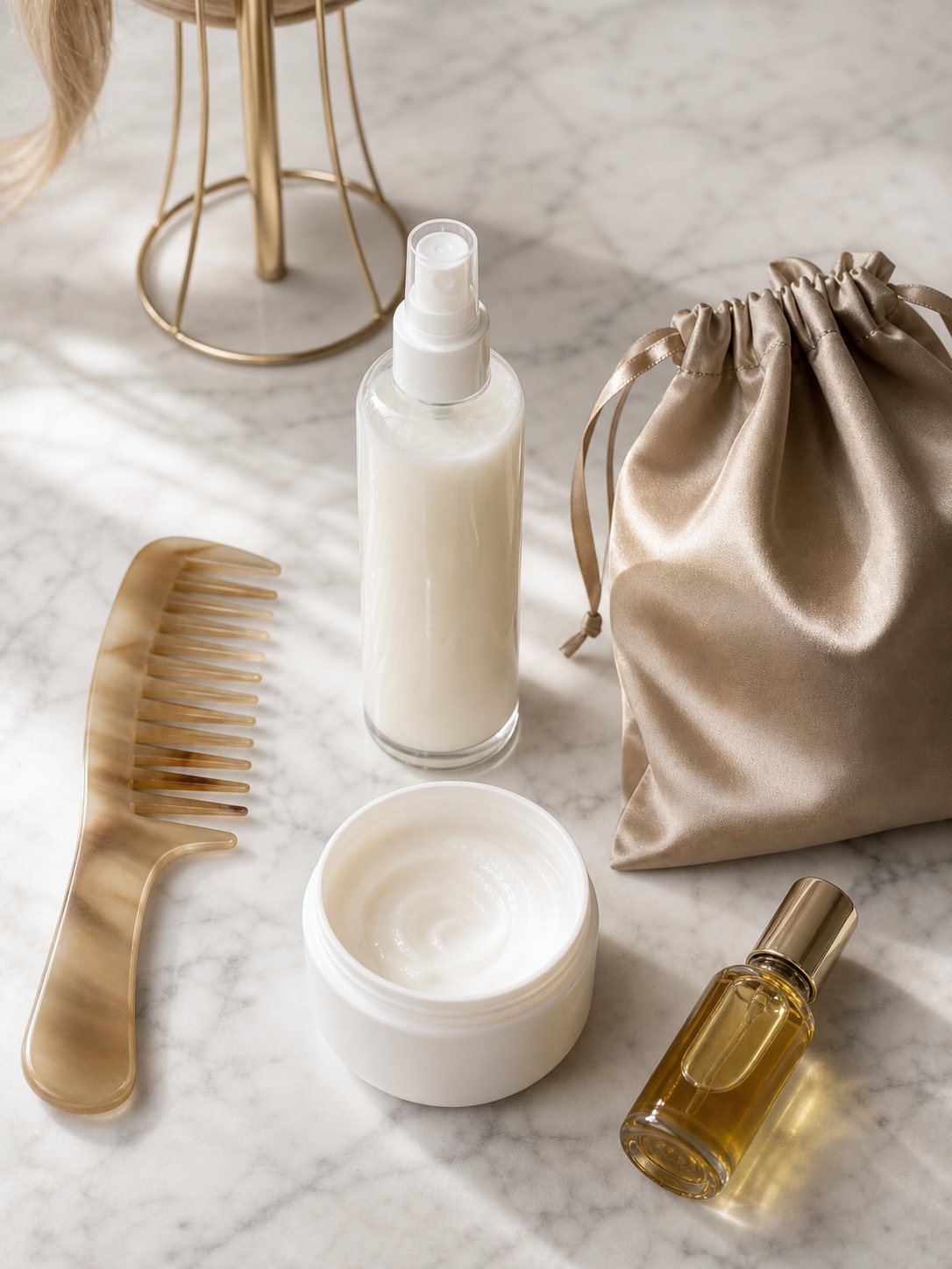 Wig care products on white marble including a wide-tooth comb, satin bag, leave-in spray, curl cream, and oil.