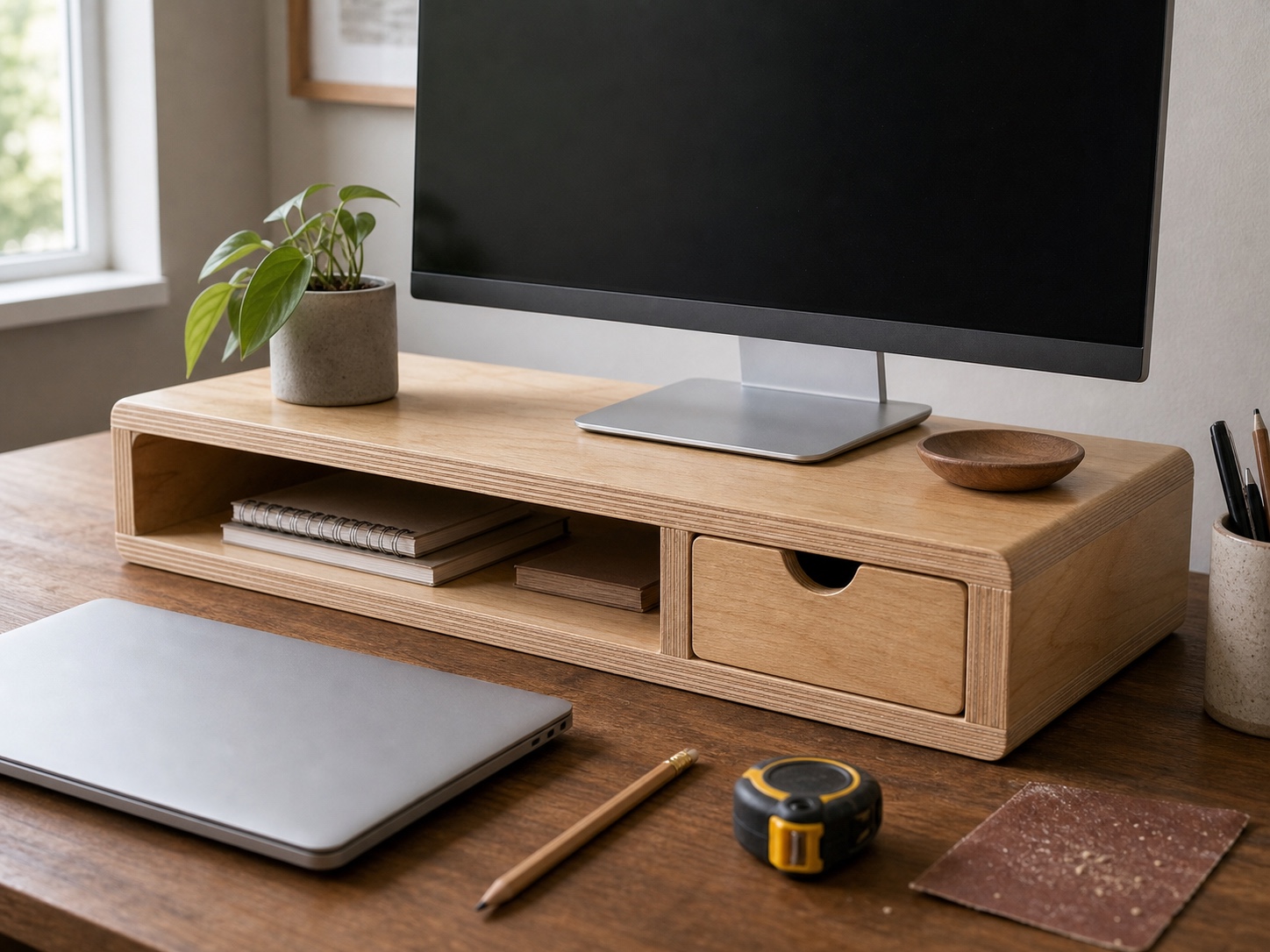 Wooden desk riser monitor stand with a small storage cubby