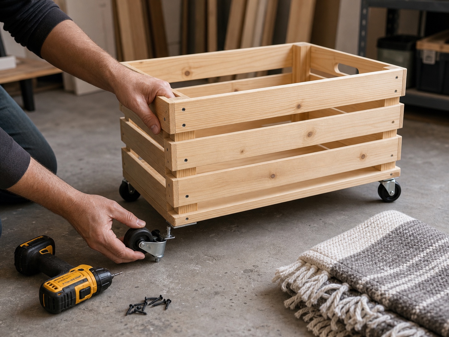 Wooden storage crate on caster wheels for blankets