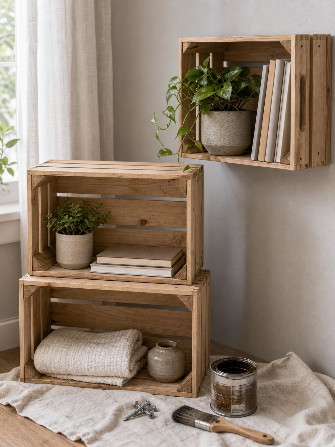 Wooden crate shelves with books, towel, plant, and staining tools