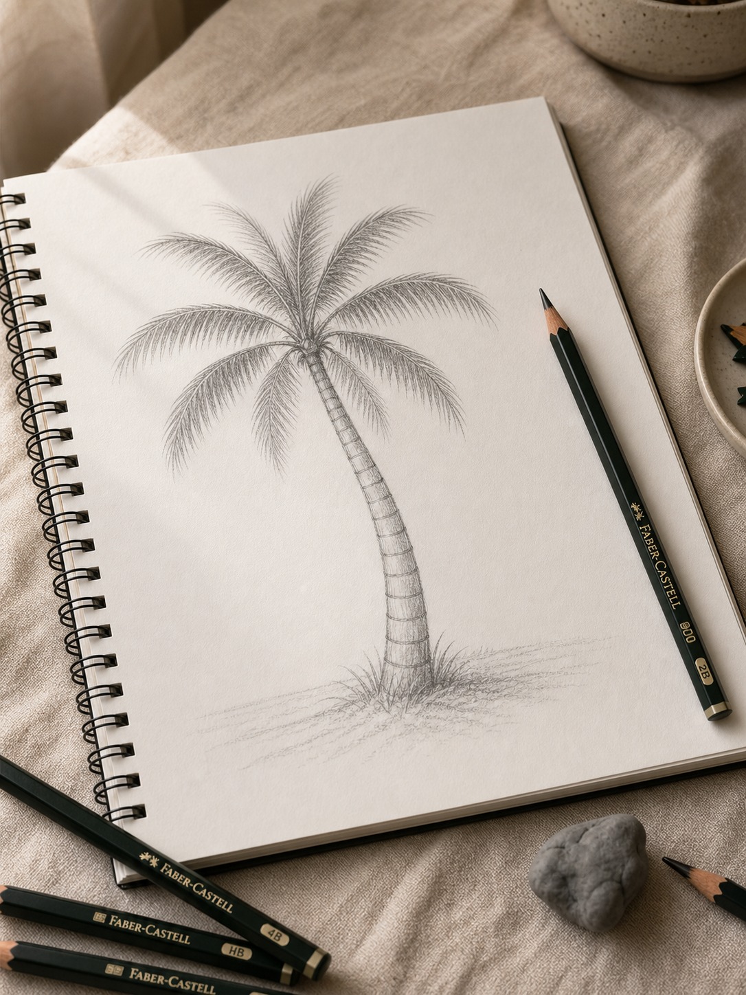 Open sketchbook with a palm tree pencil sketch, graphite pencils, and kneaded eraser on cream linen