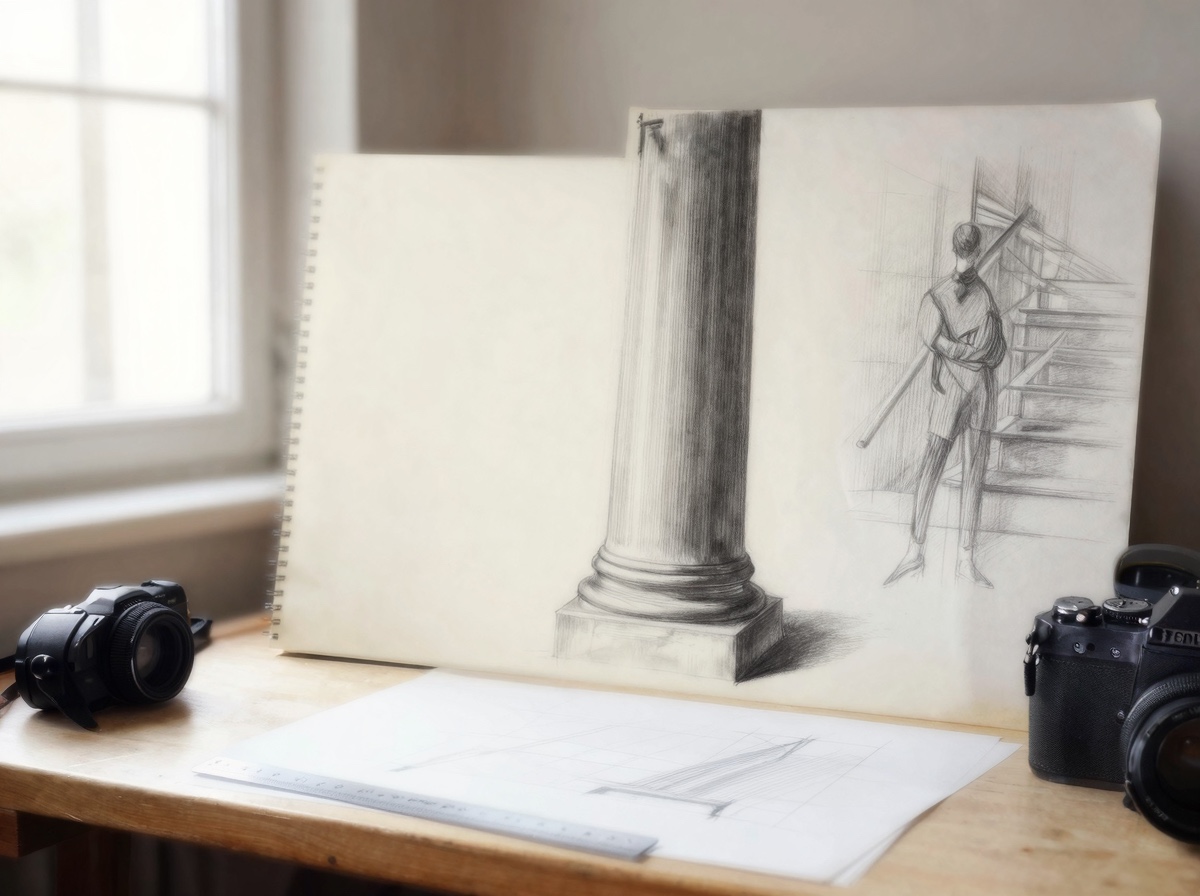 Study architectural elements in person Sketchbook study of architectural columns and stairs for figure drawing reference. | Sky Rye Design Sketchbook study of architectural columns and stairs for figure drawing reference.