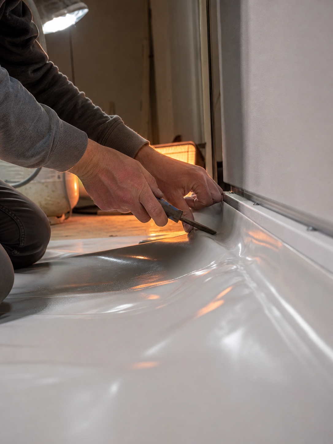 Installer pulling a heated PVC stretch ceiling membrane into a perimeter track.