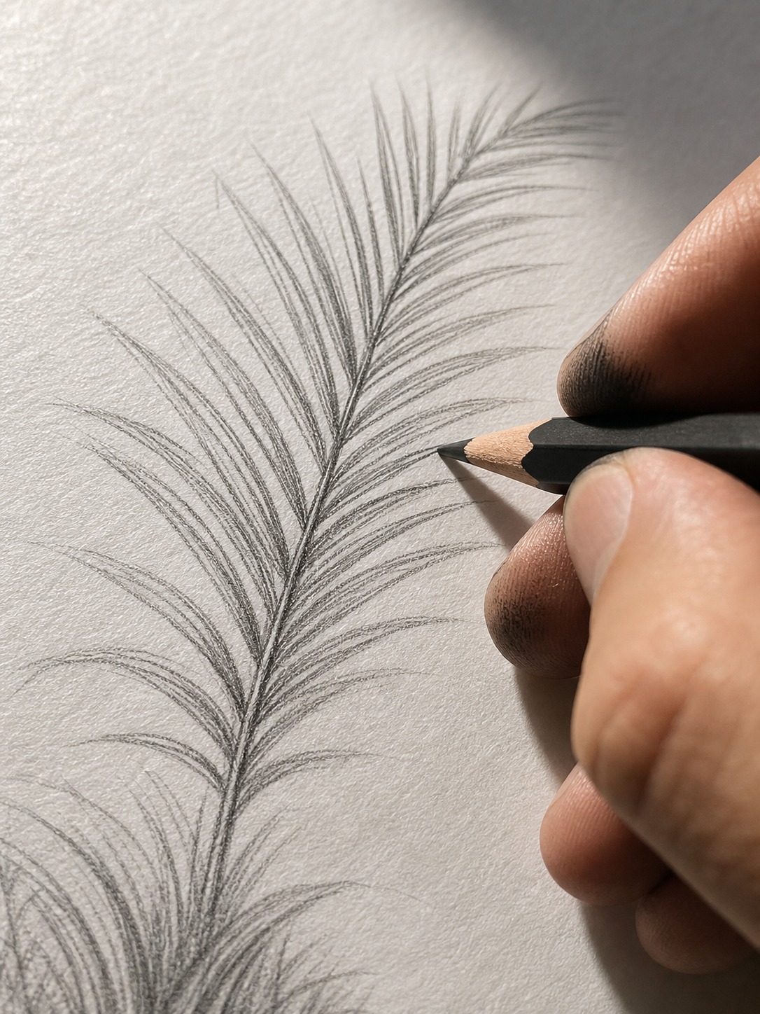 Artist drawing fine palm frond leaflets with an HB pencil on textured cartridge paper