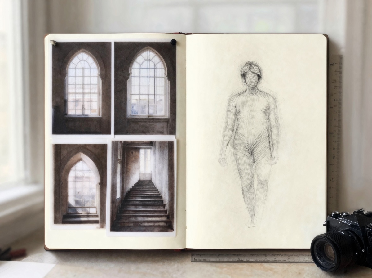 Use architectural reference images Sketchbook with architectural reference photos and figure drawing thumbnails. | Sky Rye Design Sketchbook with architectural reference photos and figure drawing thumbnails.