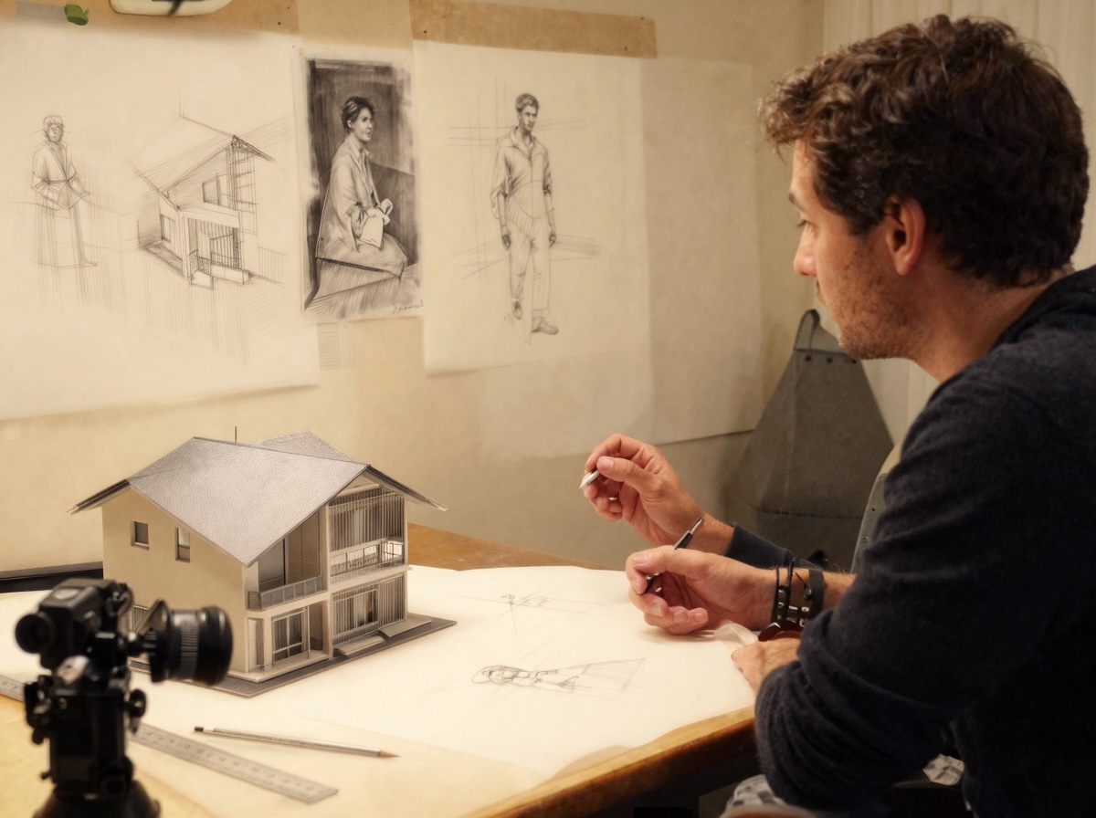 Ask architecture professionals for drawing insight Artist sketching architectural structure notes beside a small building model. | Sky Rye Design Artist sketching architectural structure notes beside a small building model.