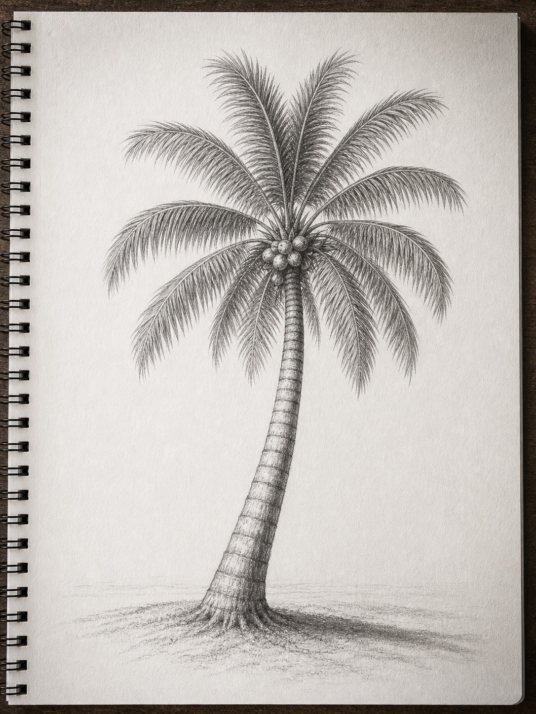 Finished graphite drawing of a coconut palm tree on textured sketchbook paper
