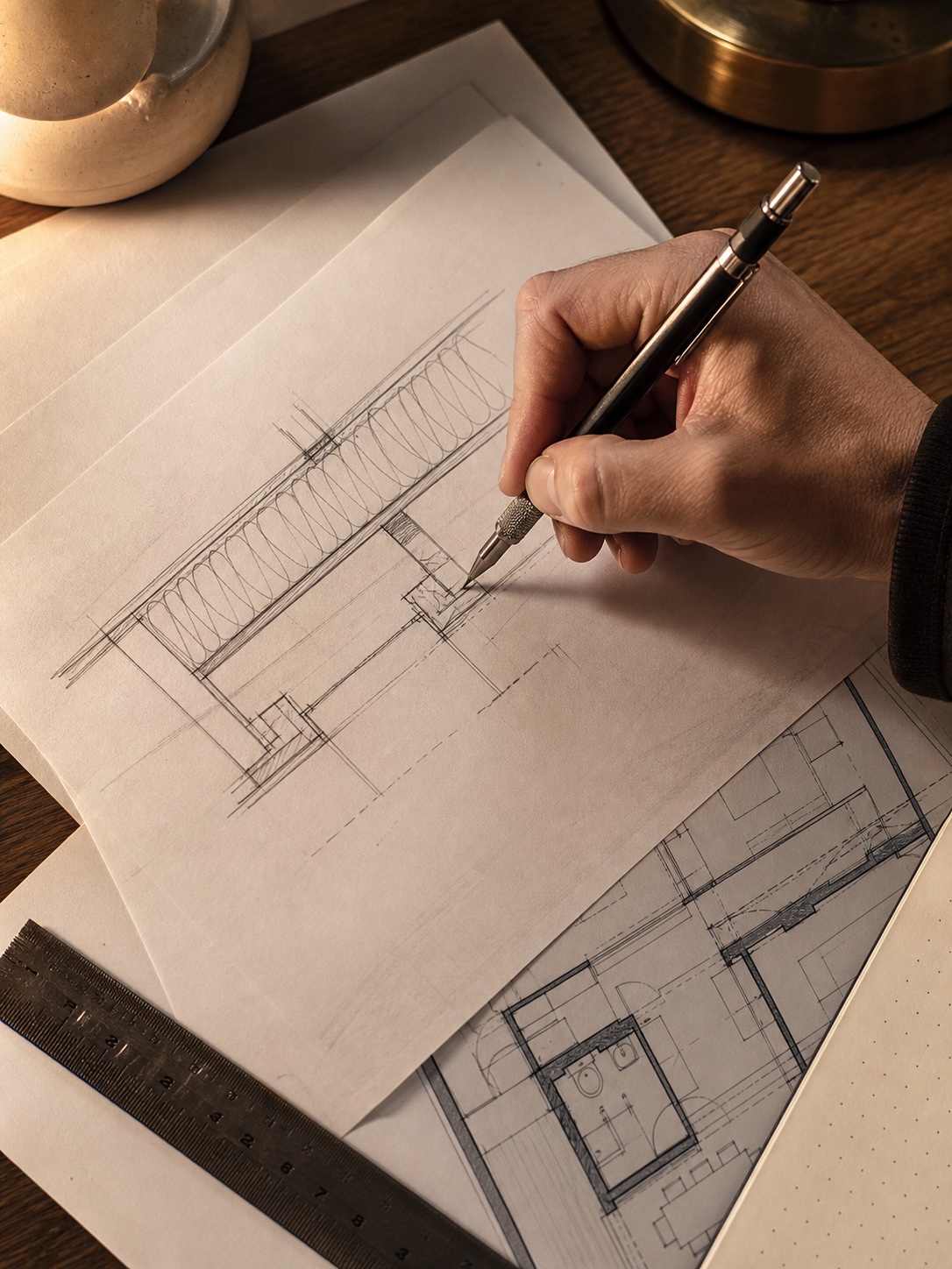 Architect sketching a stretch ceiling cross-section over a printed floor plan.