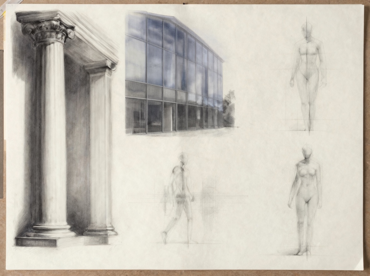 Study architectural styles for figure drawing Sketchbook comparing classical and modern architectural styles with figure studies. | Sky Rye Design Sketchbook comparing classical and modern architectural styles with figure studies.