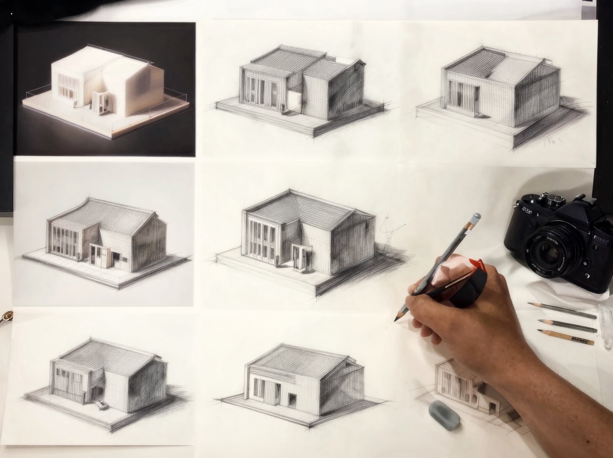 Draw architectural elements from multiple angles Multiple angle sketch studies of a small architectural model with figure thumbnails. | Sky Rye Design Multiple angle sketch studies of a small architectural model with figure thumbnails.