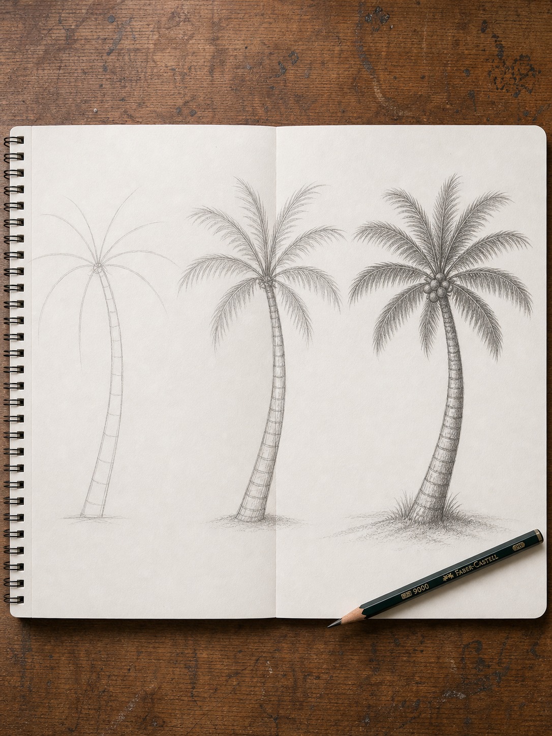 Open sketchbook showing three sequential palm tree gesture studies in pencil
