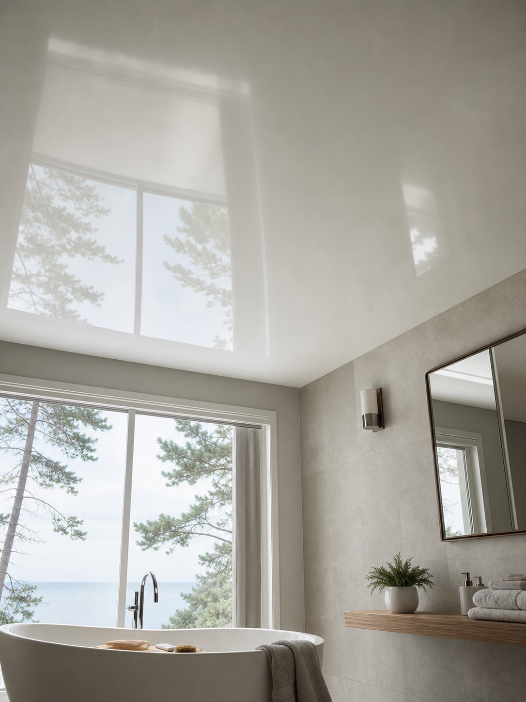 Satin PVC stretch ceiling reflecting soft daylight in a bathroom.