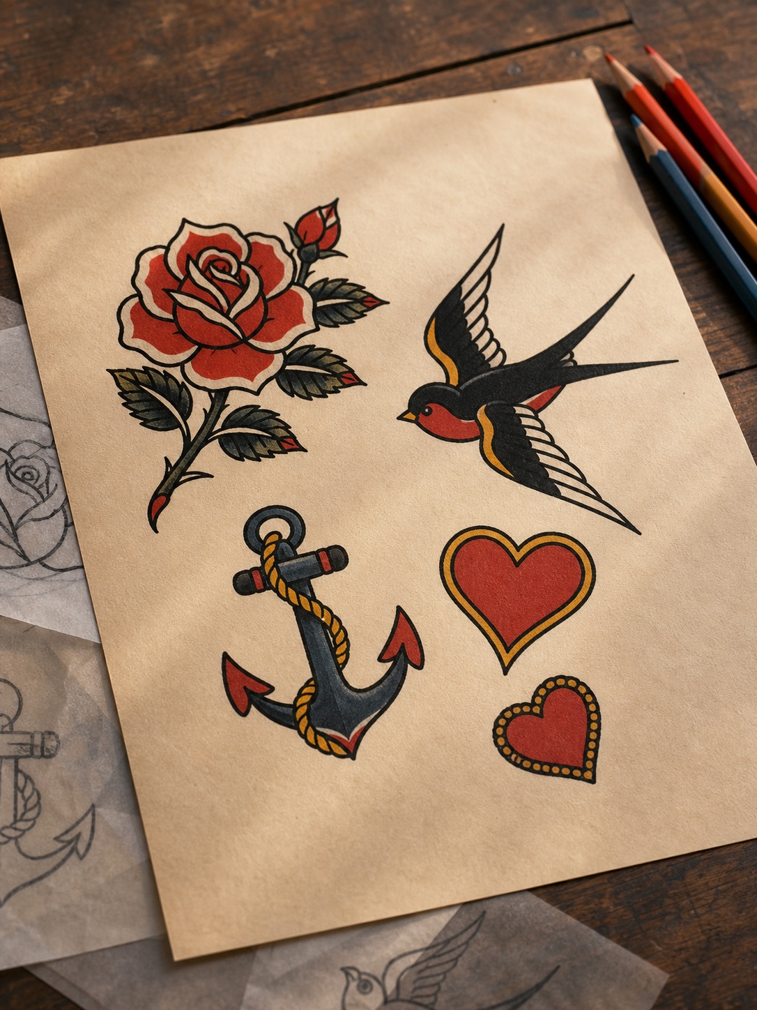 Easy tattoo ideas - Classic American Traditional Easy tattoo idea image for classic american traditional, showing simple tattoo design sketches in a clean beginner-friendly style. | Sky Rye Design Easy tattoo idea image for classic american traditional, showing simple tattoo design sketches in a clean beginner-friendly style.