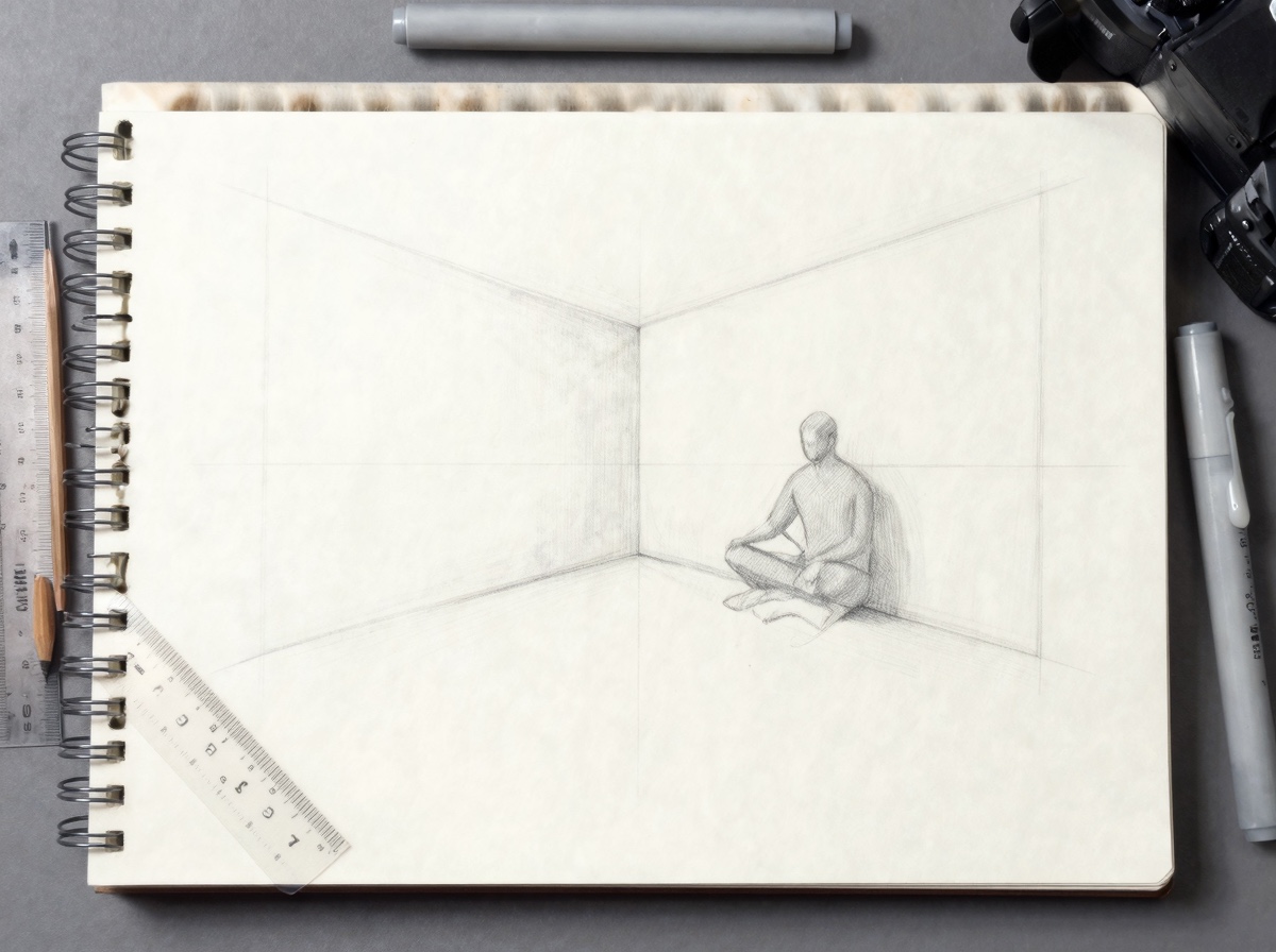 Practice perspective in architectural figure drawing Perspective drawing practice with a room corner, guide lines, and a seated figure. | Sky Rye Design Perspective drawing practice with a room corner, guide lines, and a seated figure.