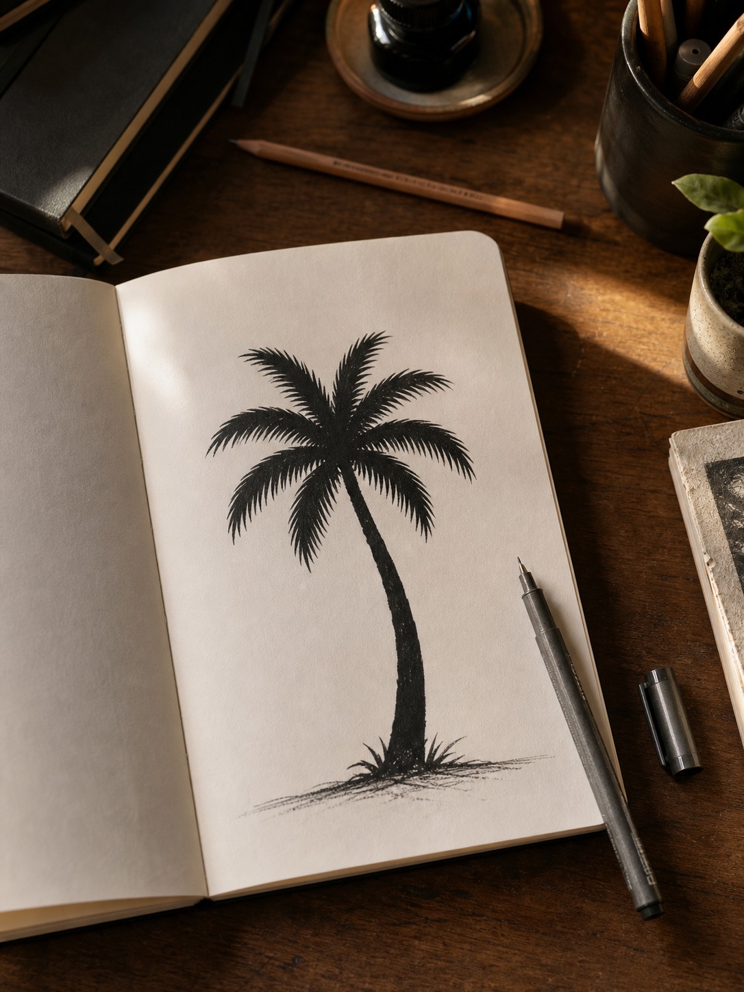 Artist studio desk with a sketchbook open to a black ink palm tree silhouette drawing