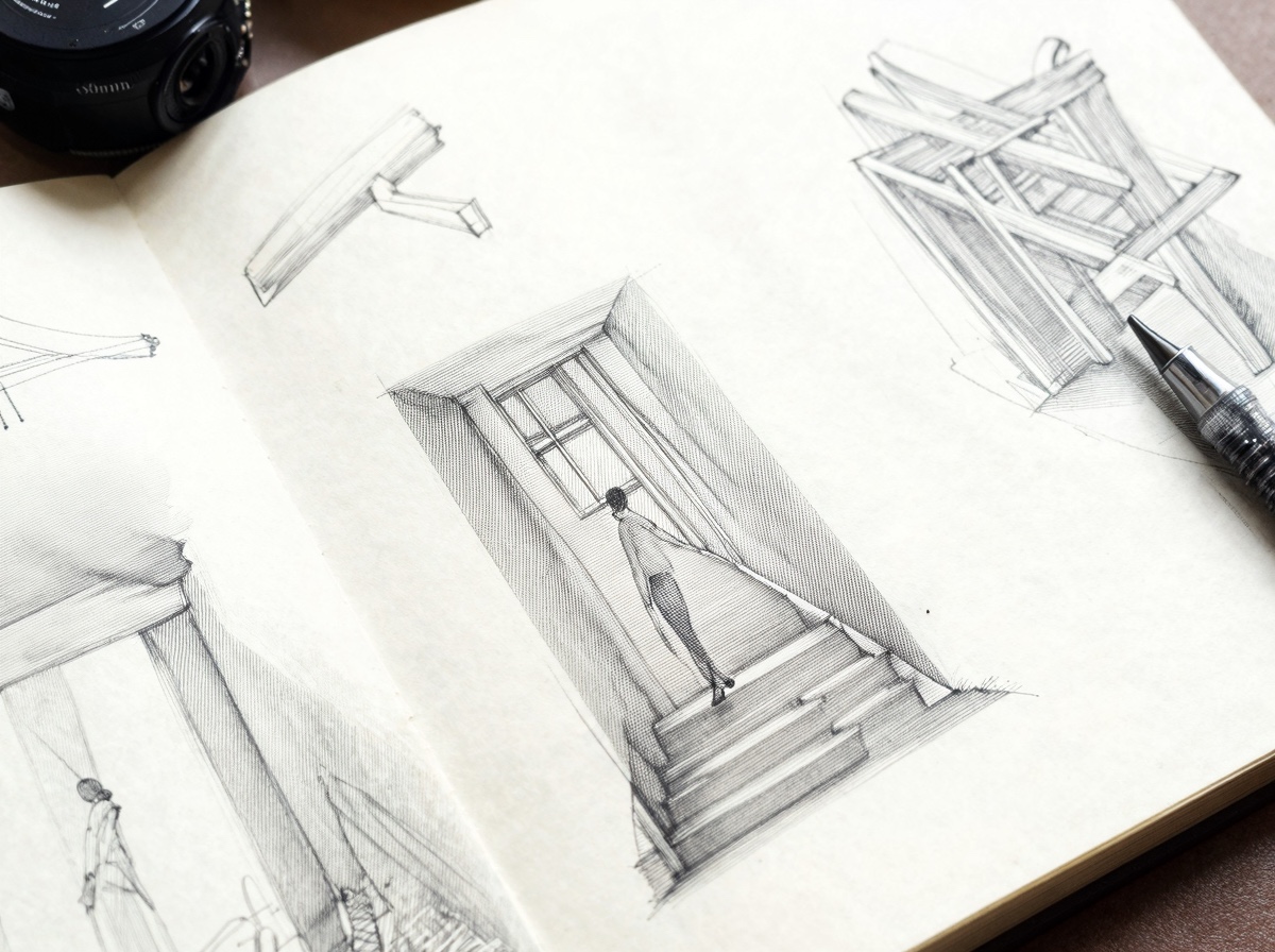 Vary line weight in architectural sketches Close-up sketchbook page showing varied line weight on stairs, beams, and a walking figure. | Sky Rye Design Close-up sketchbook page showing varied line weight on stairs, beams, and a walking figure.