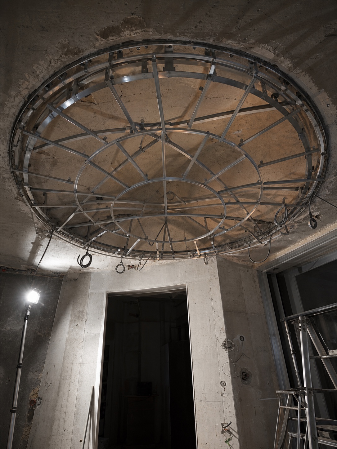 Custom frame for a domed 3D stretch ceiling during installation.