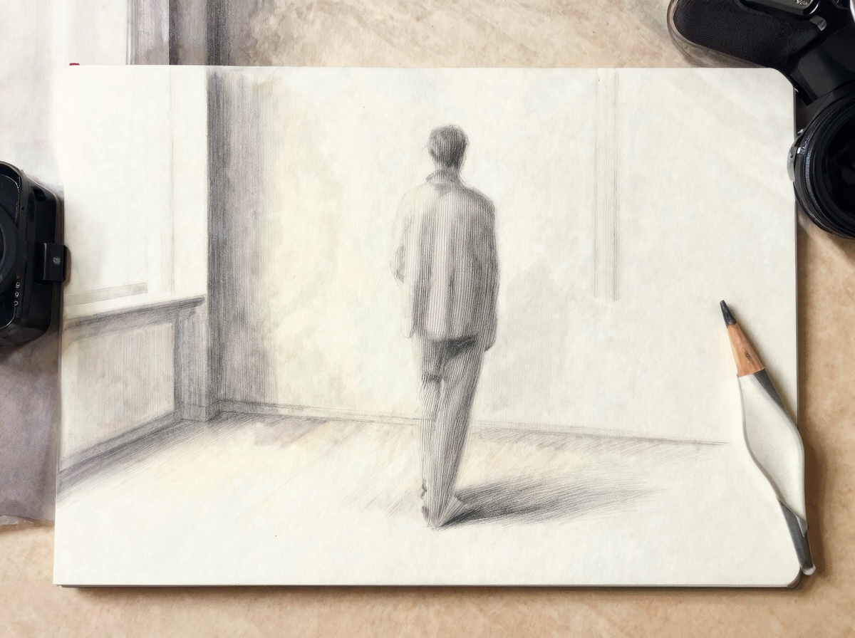 Use color accents in architectural figure drawing Figure drawing in an interior with muted color accents on light and architectural details. | Sky Rye Design Figure drawing in an interior with muted color accents on light and architectural details.