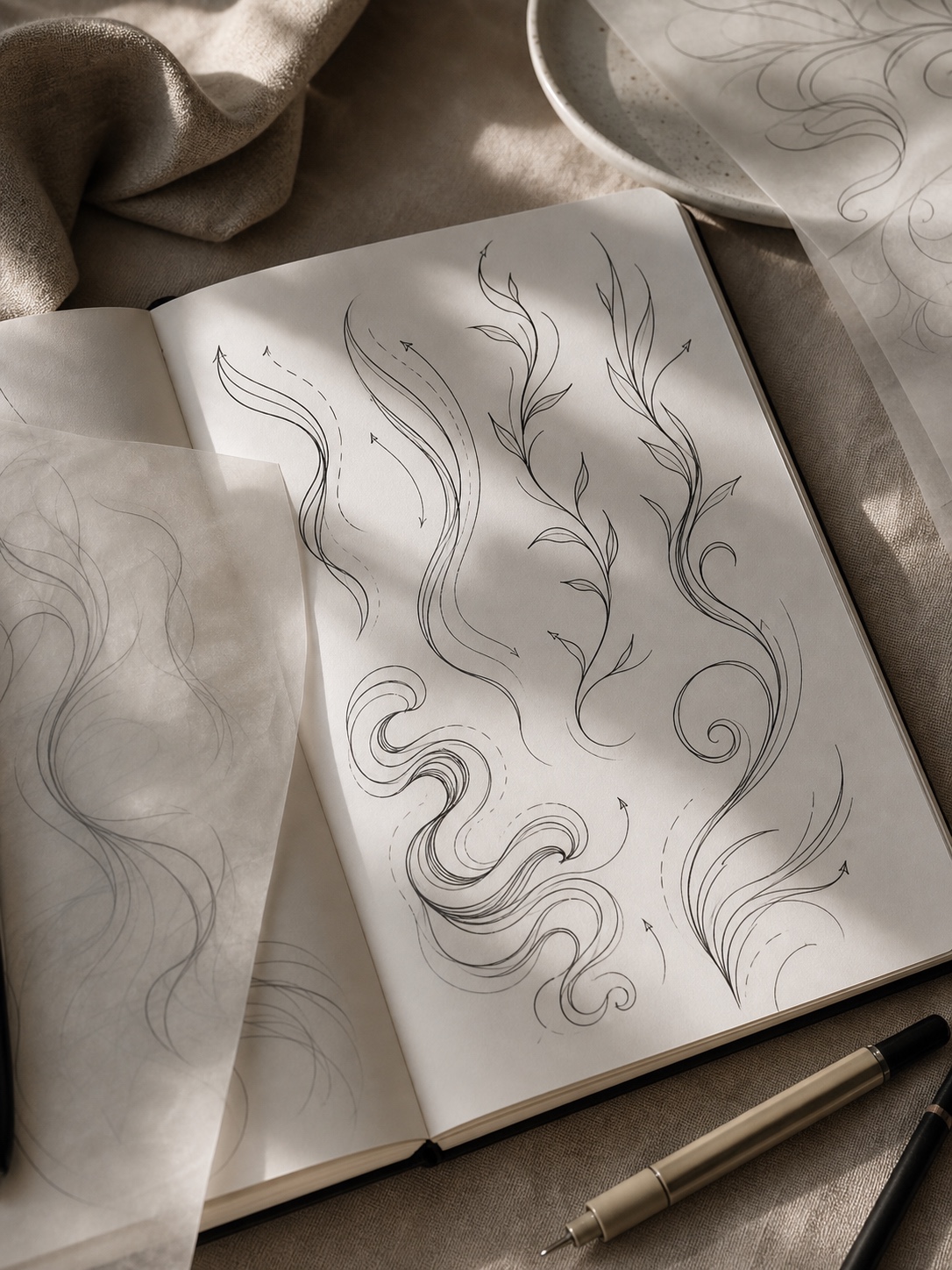 Easy tattoo ideas - Improving Your Tattoo Flow Open sketchbook showing decorative black swirl drawings, with tracing paper sheets and pens on a beige fabric surface. | Sky Rye Design Easy tattoo idea image for improving your tattoo flow, showing simple tattoo design sketches in a clean beginner-friendly style.