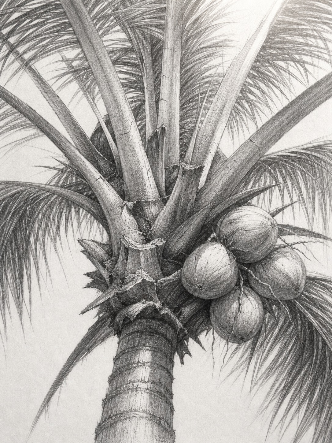 Close-up graphite study of a palm crown with coconuts and compressed frond stubs