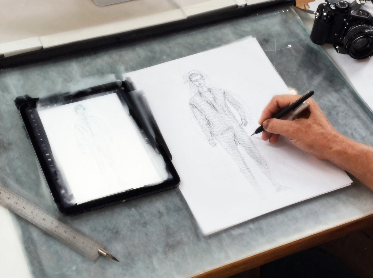 Use digital tools for architectural drawing guides Tablet with digital perspective guides beside a paper architectural figure sketch. | Sky Rye Design Tablet with digital perspective guides beside a paper architectural figure sketch.