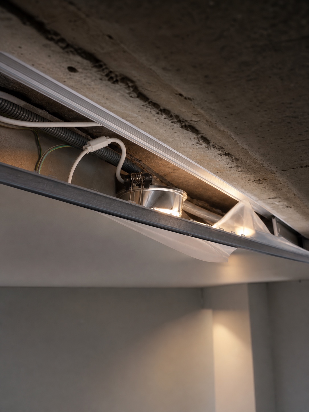 Cross-section view of wiring and recessed lighting above a stretch ceiling membrane.