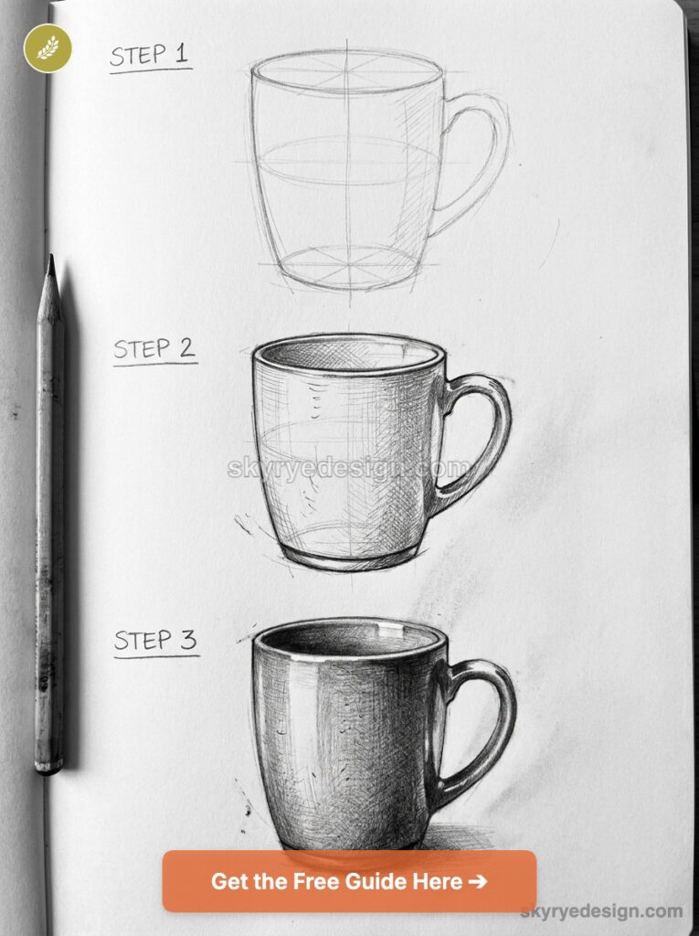 Step-by-step pencil tutorial: three stages of sketching a coffee mug in a sketchbook with pencil