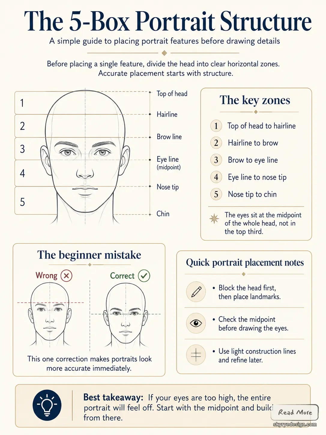 Portrait infographic: 5-box head structure dividing head into five zones to place eyes, brow, nose and chin