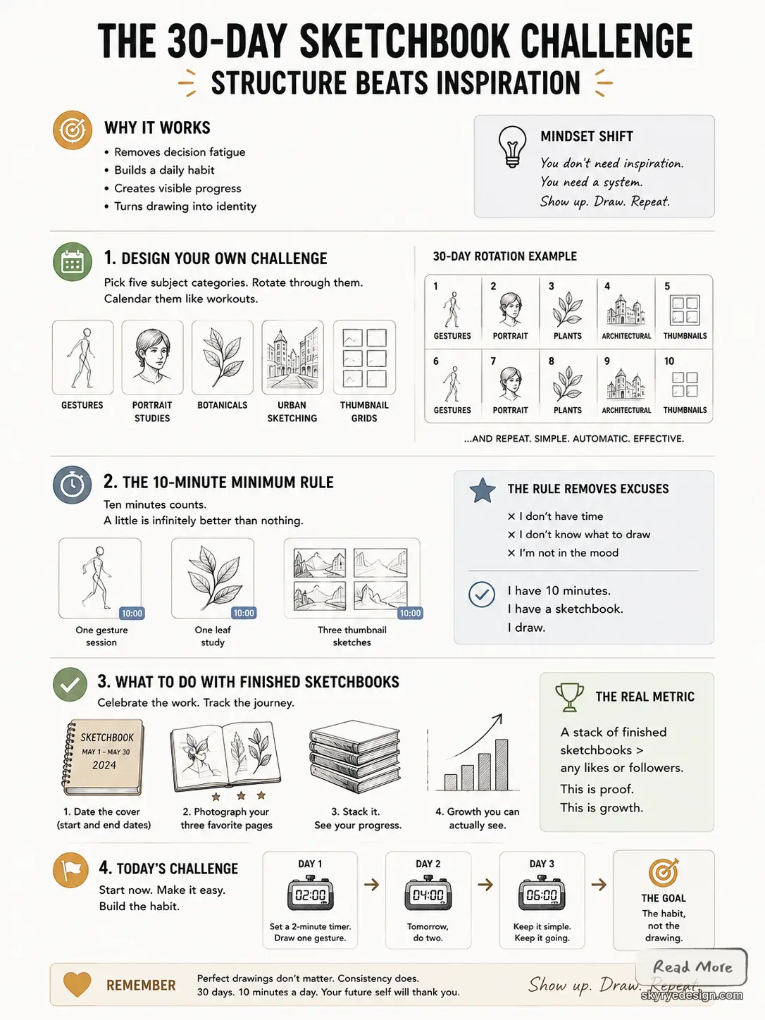 30-day sketchbook challenge infographic: structured daily prompts, 10-minute rule, rotation examples and progress tracking