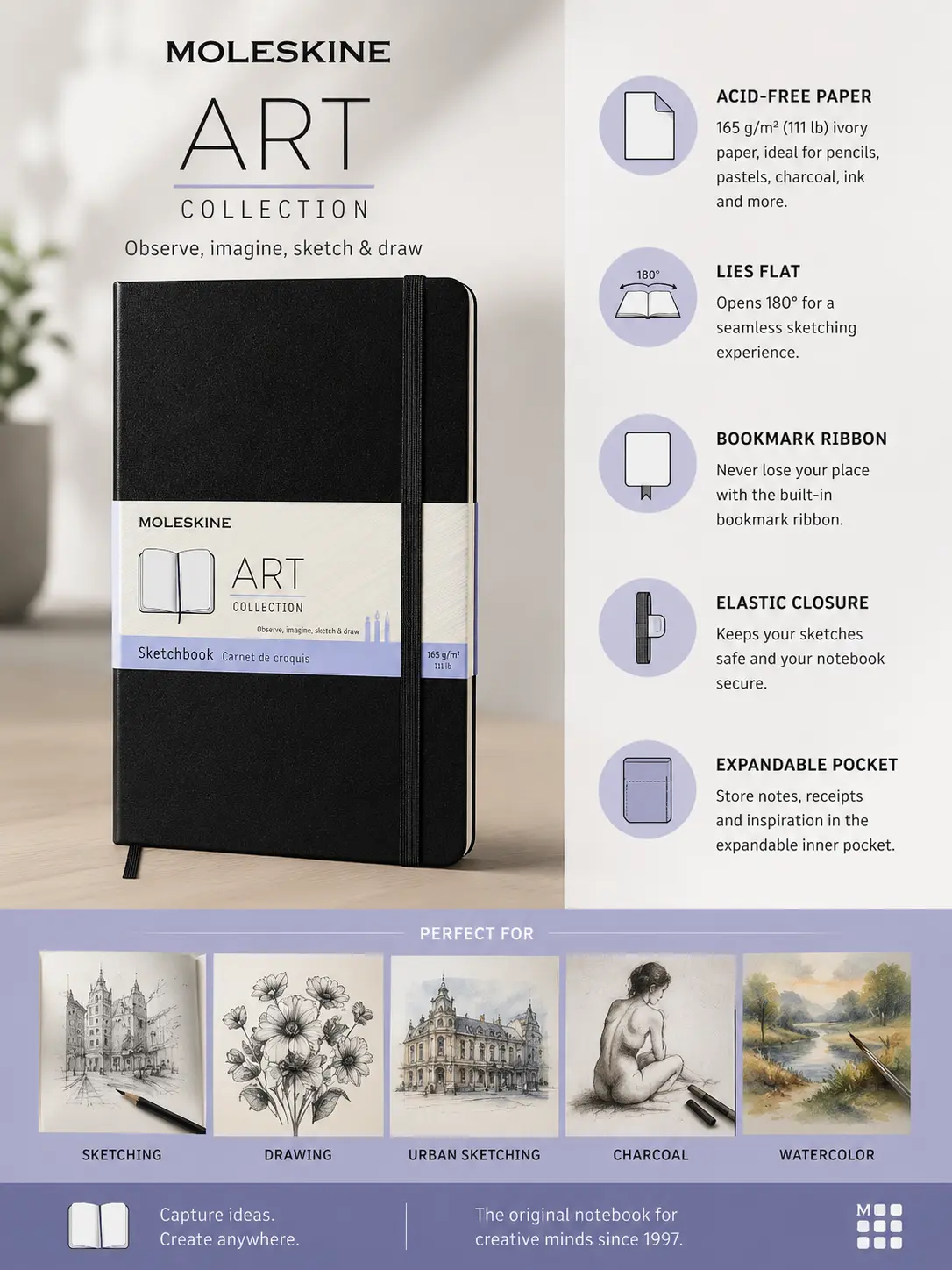 Moleskine Art Collection black sketchbook with 165 g/m² acid-free paper, lies flat, elastic closure and bookmark ribbon