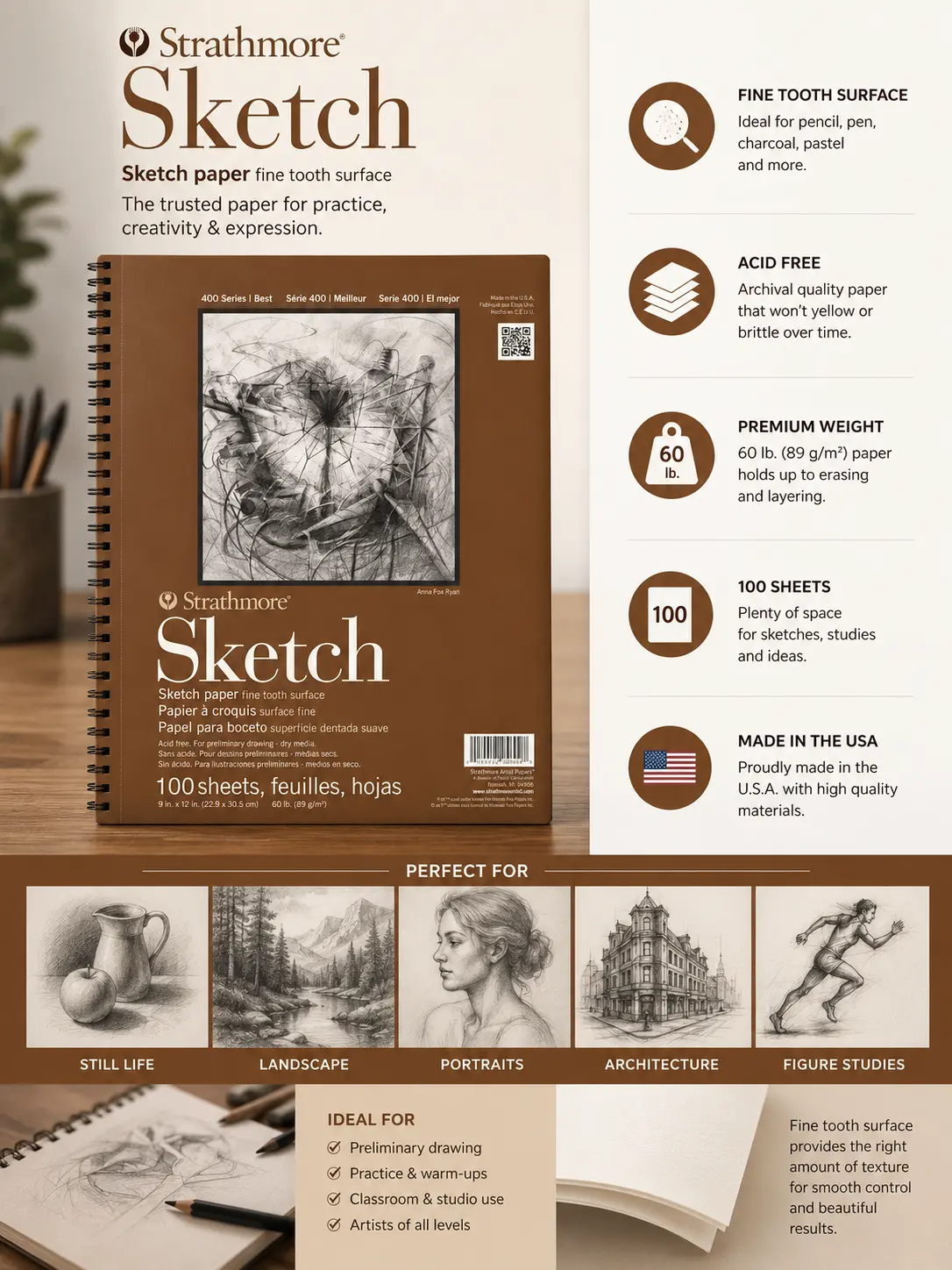 Strathmore Sketch spiral sketchbook, 9x12, 100 sheets 60 lb fine-tooth paper for pencil, charcoal, portraits