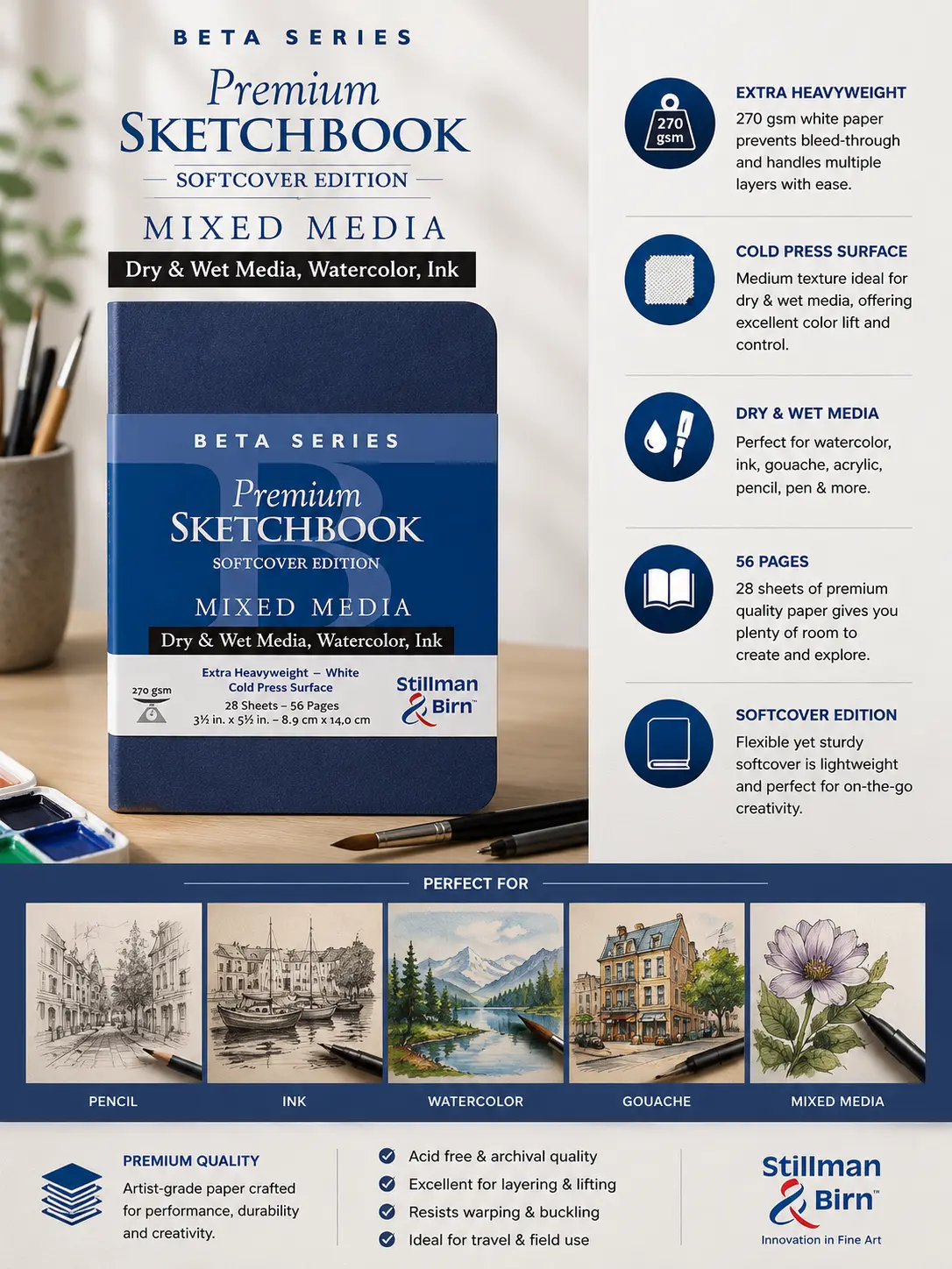 Stillman & Birn Beta Series premium mixed-media softcover sketchbook, 270gsm, 56 pages, for watercolor, ink, pencil.