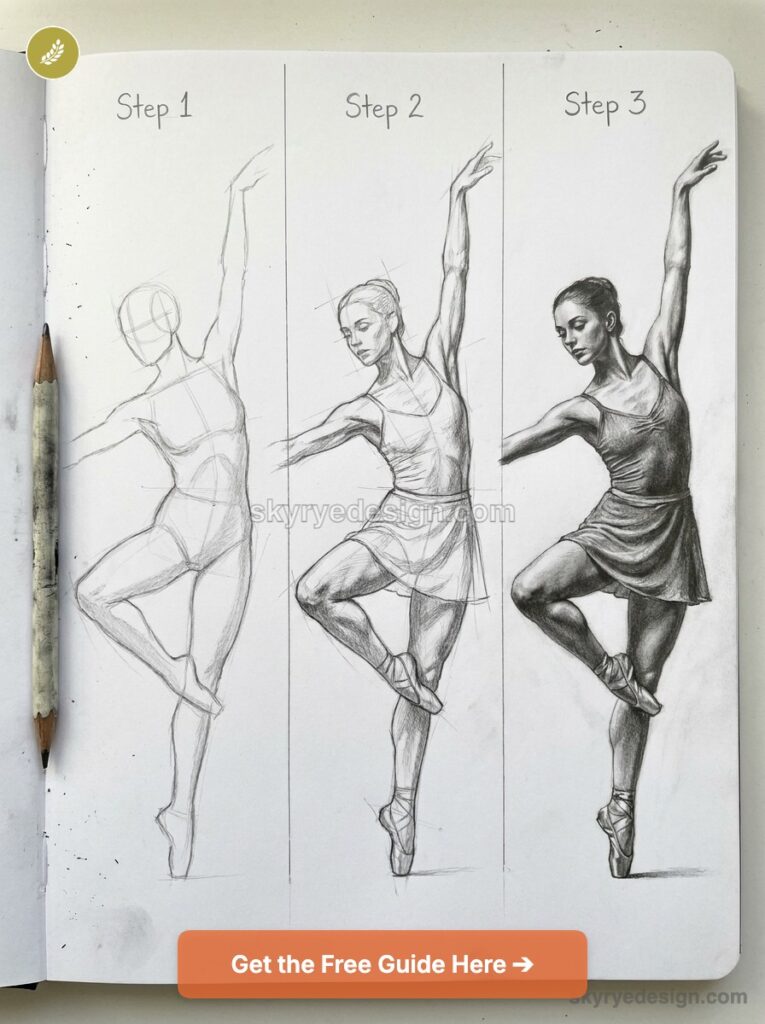 Three-step pencil drawing tutorial of a ballerina on pointe, showing progression from sketch to detailed rendering.