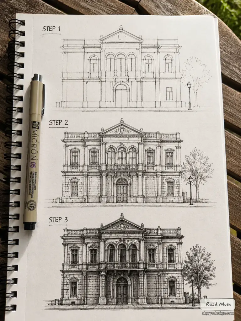 Three-step architectural pen sketches of a classical building facade in a spiral sketchbook with Micron 05 pen