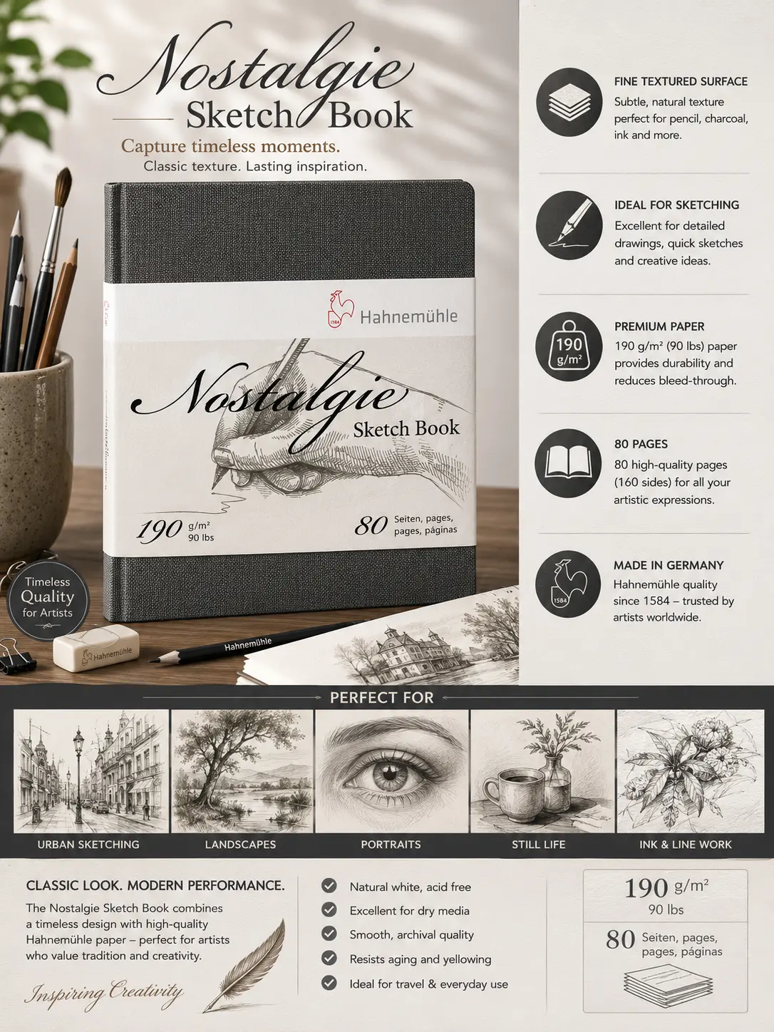 e98b5ec9-b1f2-433e-834e-7979688e83c9 Nostalgie Sketch Book by Hahnemühle, 190 g/m², 80-page textured sketchbook shown with pencils, brushes and sample sketches. | Sky Rye Design Nostalgie Sketch Book by Hahnemühle, 190 g/m², 80-page textured sketchbook shown with pencils, brushes and sample sketches.