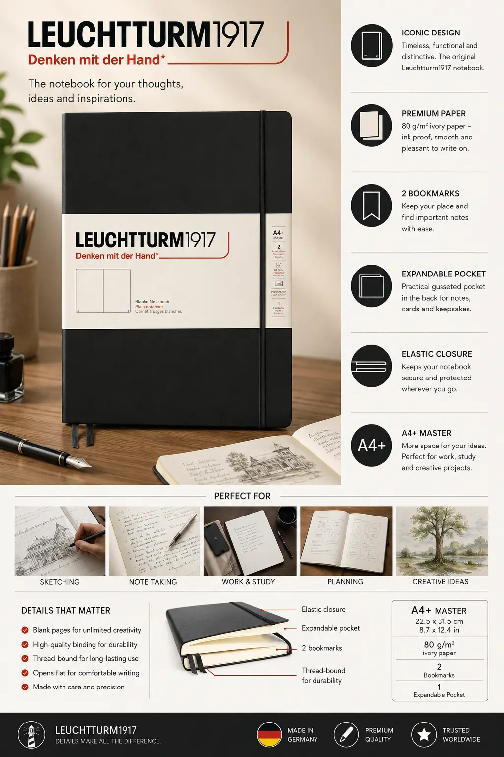 0b79b640-ea03-4a15-ab42-93139b382850 Leuchtturm1917 black A4+ notebook on wooden desk with elastic closure, pen, open sketchbook and product features panel | Sky Rye Design Leuchtturm1917 black A4+ notebook on wooden desk with elastic closure, pen, open sketchbook and product features panel