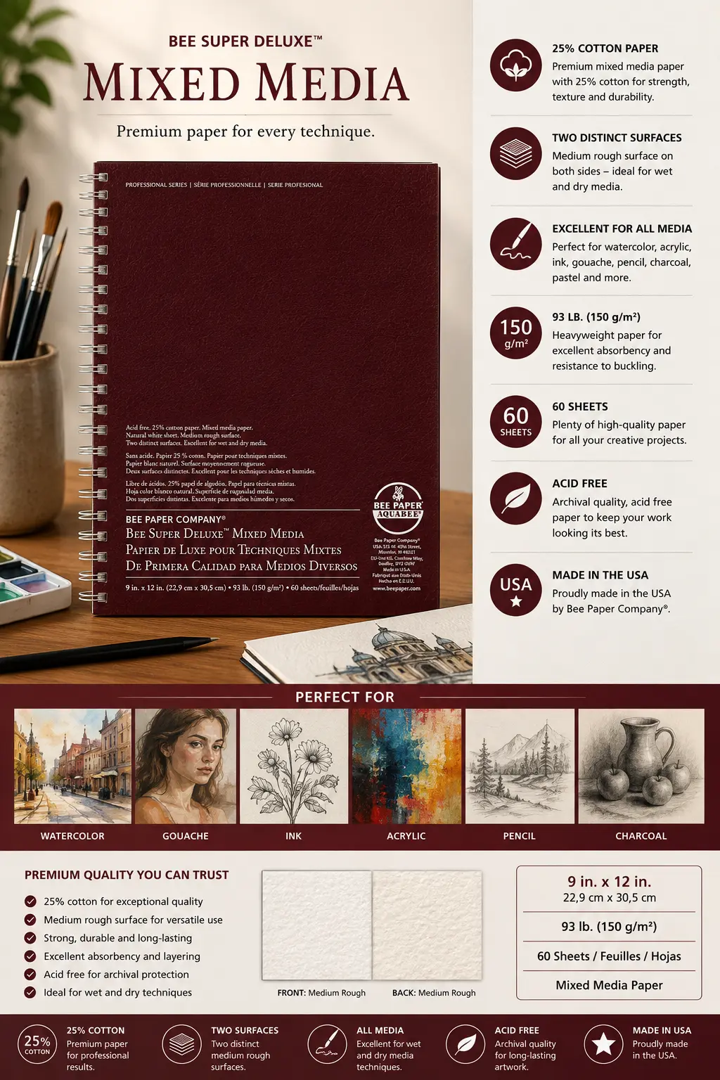 c38667b3-7ff6-4033-9242-08207efd20c2 Bee Super Deluxe mixed media pad 9x12, 60 sheets, 150 g/m² (93 lb), 25% cotton, spiral-bound burgundy cover | Sky Rye Design Bee Super Deluxe mixed media pad 9x12, 60 sheets, 150 g/m² (93 lb), 25% cotton, spiral-bound burgundy cover