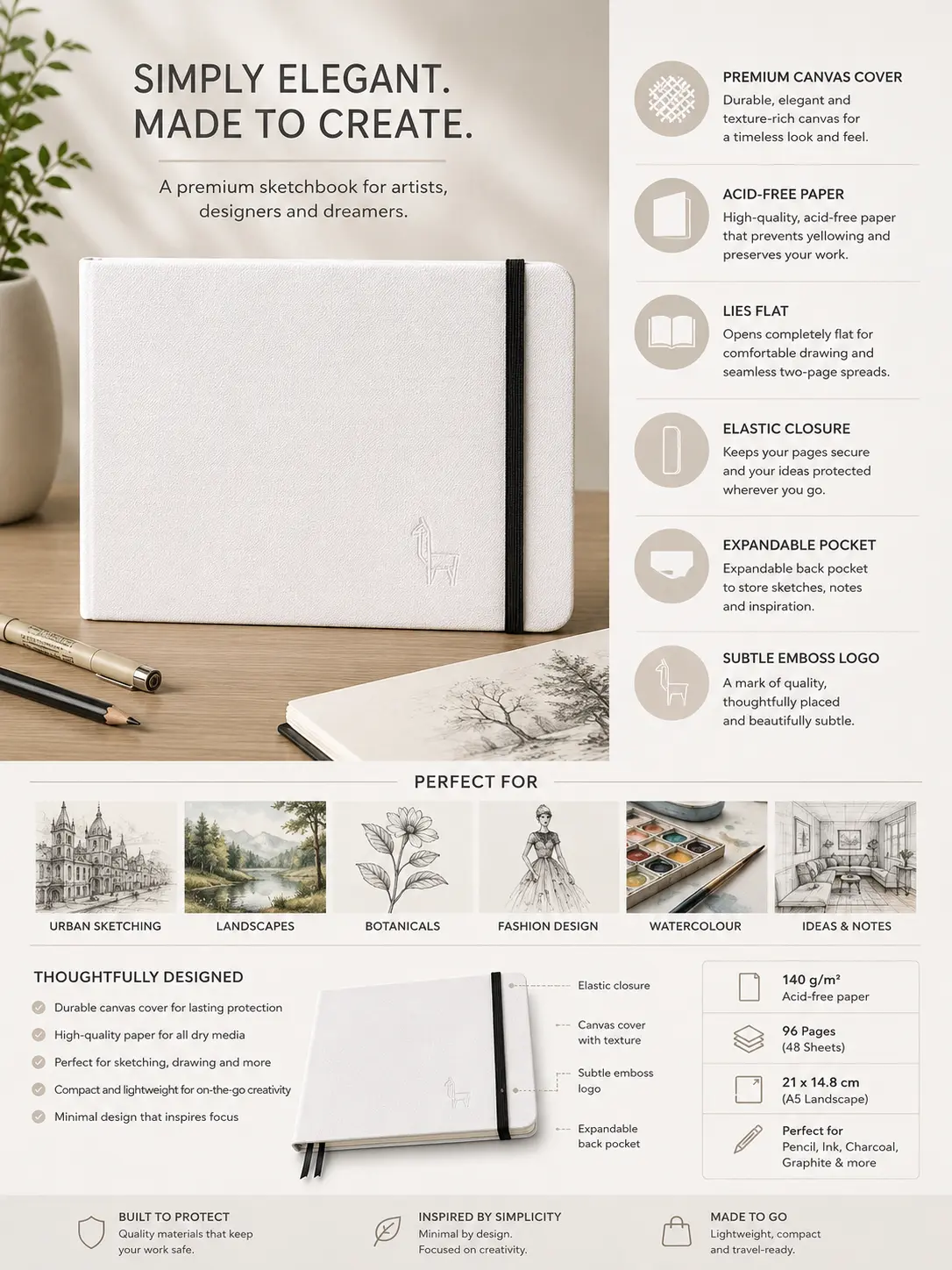 be13d81a-5019-44de-bb16-7315429c567e Premium white canvas-covered sketchbook with elastic closure, embossed logo, A5 landscape, acid-free paper for artists | Sky Rye Design Premium white canvas-covered sketchbook with elastic closure, embossed logo, A5 landscape, acid-free paper for artists