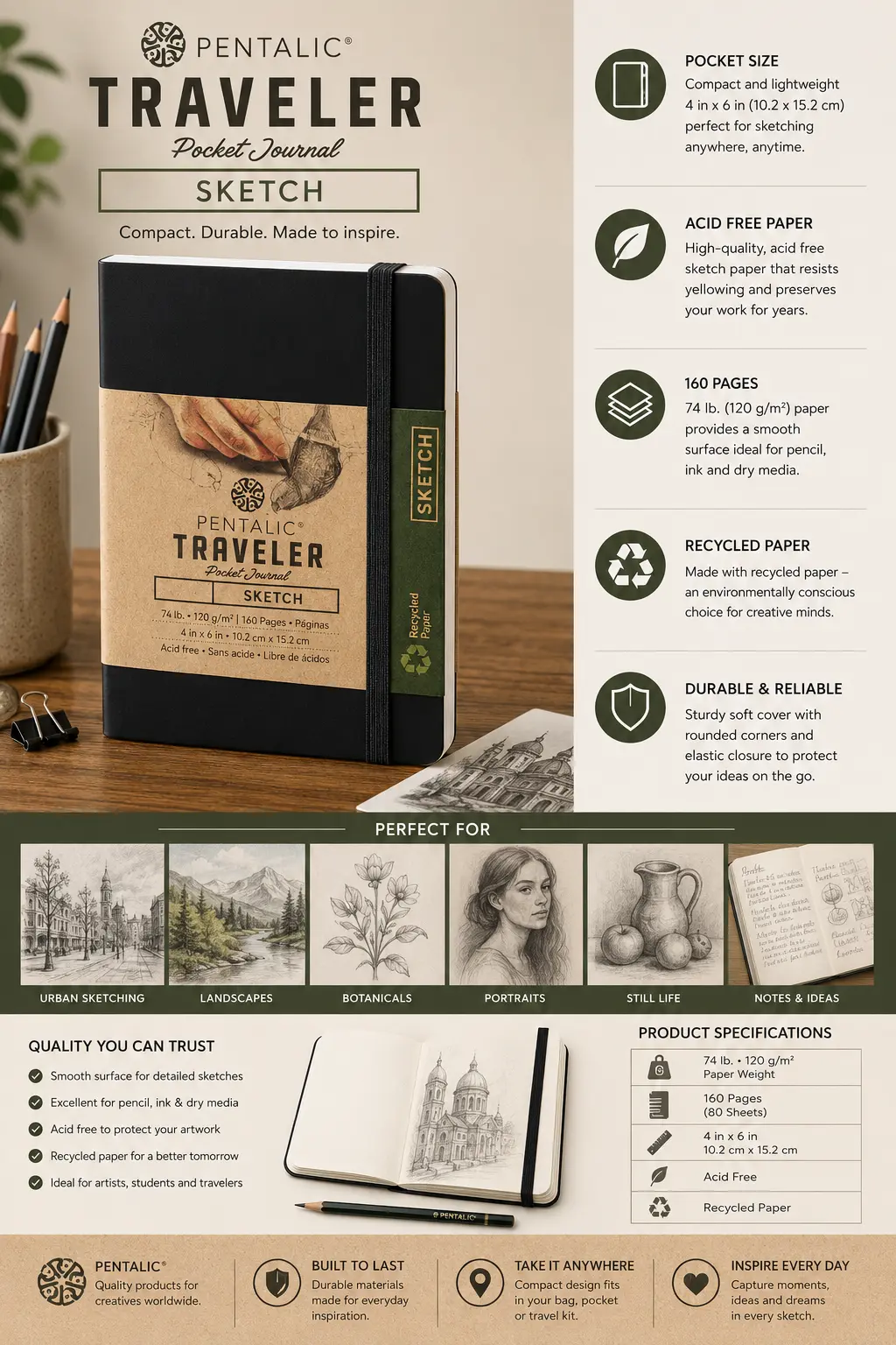51b7bfb7-abf9-49ac-b48d-23234a81b840 Pentalic Traveler Sketch pocket journal 4x6, 160 pages, acid-free recycled paper, durable elastic closure | Sky Rye Design Pentalic Traveler Sketch pocket journal 4x6, 160 pages, acid-free recycled paper, durable elastic closure