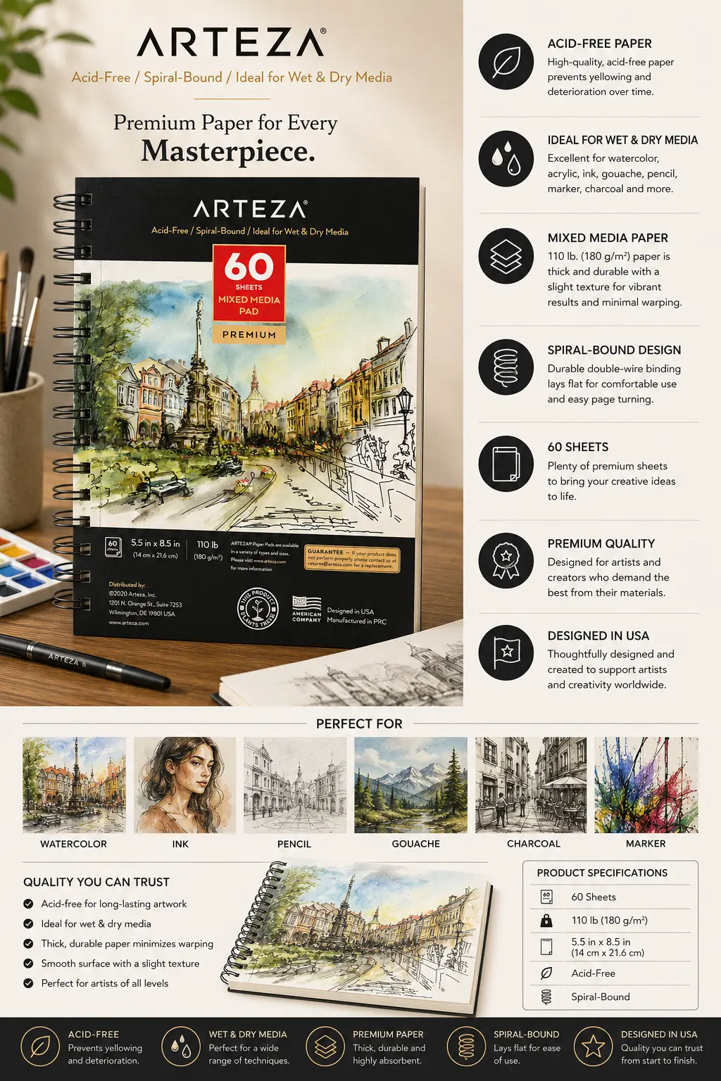 9f239042-cd86-4146-9990-f1d2e835885c Arteza 60-sheet mixed media spiral-bound pad, 5.5x8.5 in, 110 lb acid-free paper for watercolor, ink, gouache, pencil | Sky Rye Design Arteza 60-sheet mixed media spiral-bound pad, 5.5x8.5 in, 110 lb acid-free paper for watercolor, ink, gouache, pencil
